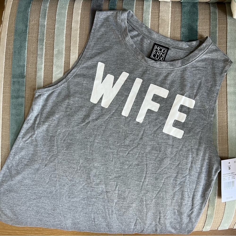 NEW Modern Lux WIFE Small Muscle Tee Tank Top Heather Grey White Graphic Letters